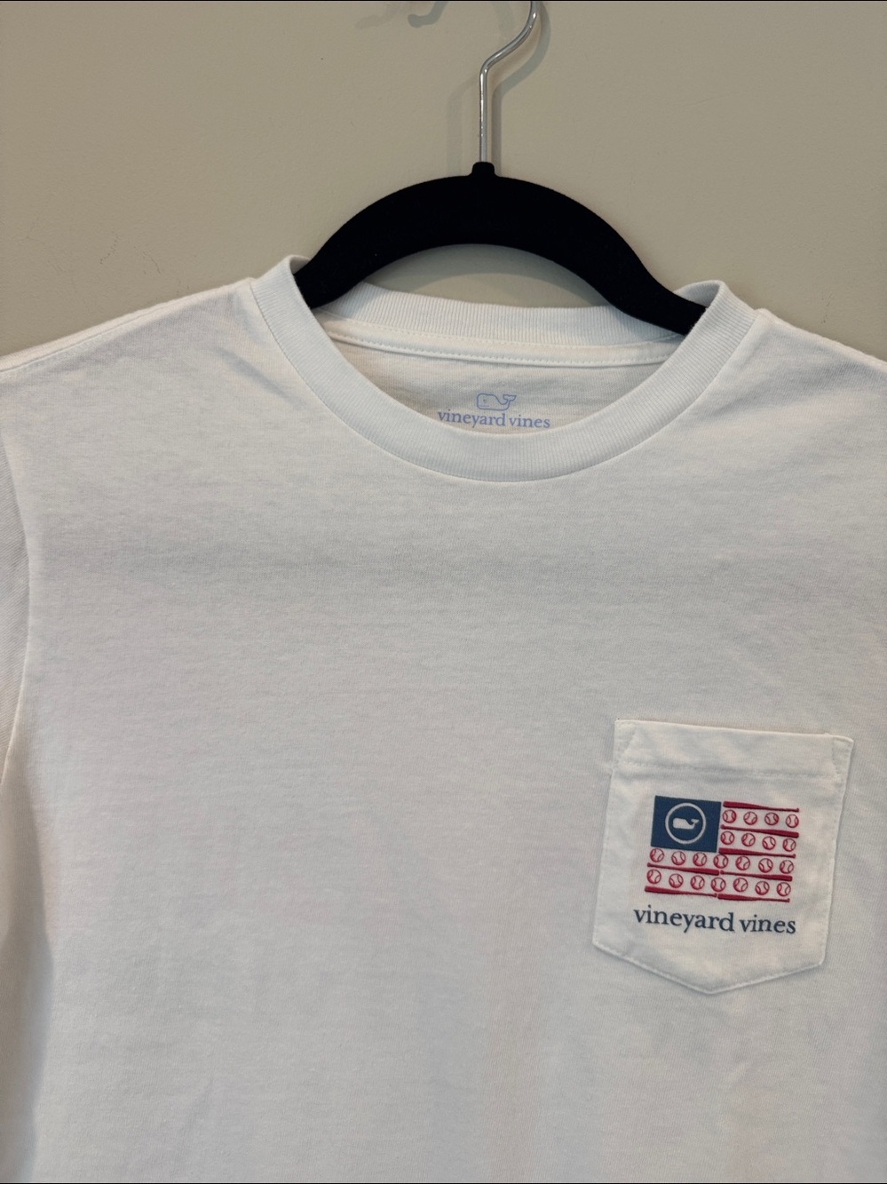Boy’s Vineyard Vines White Short Sleeve Pocket Tee with American Flag Patch - Picture 2 of 5